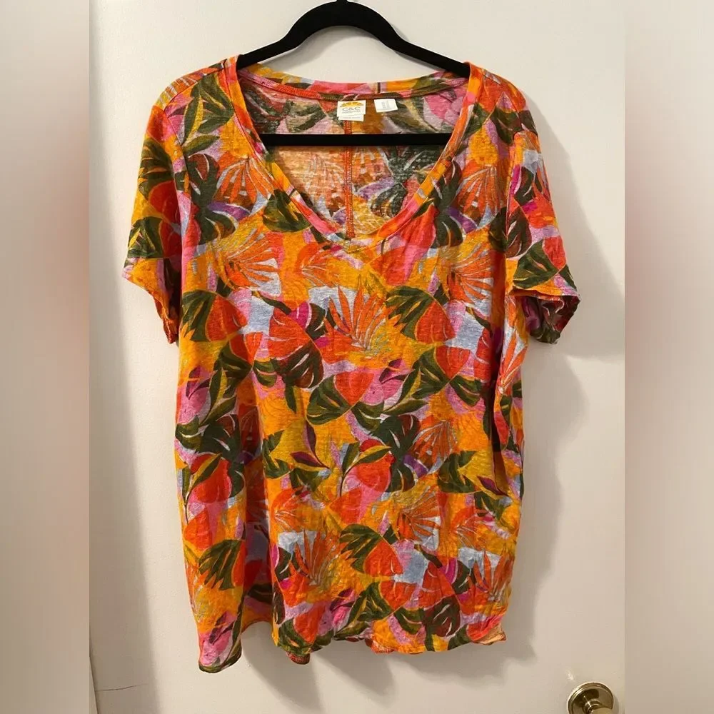 C&C California Vividly Colored Tropical Print 100% Linen Beachy Top size 1X - Picture 1 of 5